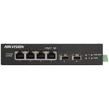 Неуправляемый гигабитный PoE коммутатор Hikvision DS-3T0506HP-E/HS с 4 портами PoE