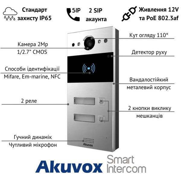 IP-вызывная панель 2 Мп Akuvox R20B X2 OW на 2 абонента 216822 фото